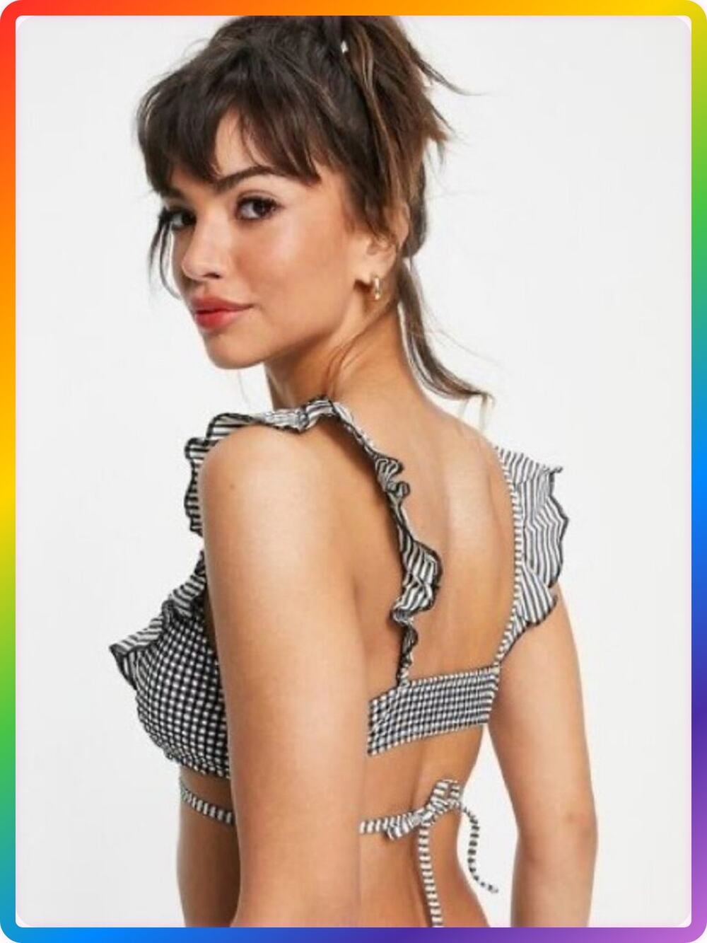 Aerie Gingham Seersucker Wrap Bikini Top SIZE S Black White Ruffle Tie